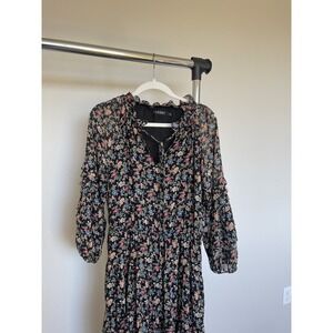LAUREN RALPH LAUREN‎ FLORAL CRINKLE GEORGETTE DRESS Midi Bow Collar whimsical 10